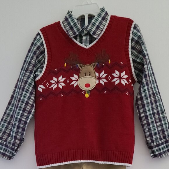 IZOD ELABORATE RED TODDLER BOY REINDEER FAIR ISLE SWEATER VEST 3 PIECE SET SZ 5T - Picture 2 of 12